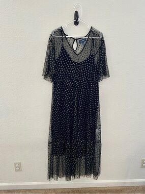 ModCloth Black Sheer Polka Dot Maxi Dress Mesh Overlay Whimsigoth Romantic Large